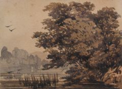 A 19th century pencil and watercolour, River Scene, indistinctly signed, framed and glazed. 15.