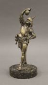 A silvered bronze model of a knight in armour, mounted on a marble plinth base. 25.5 cm high.