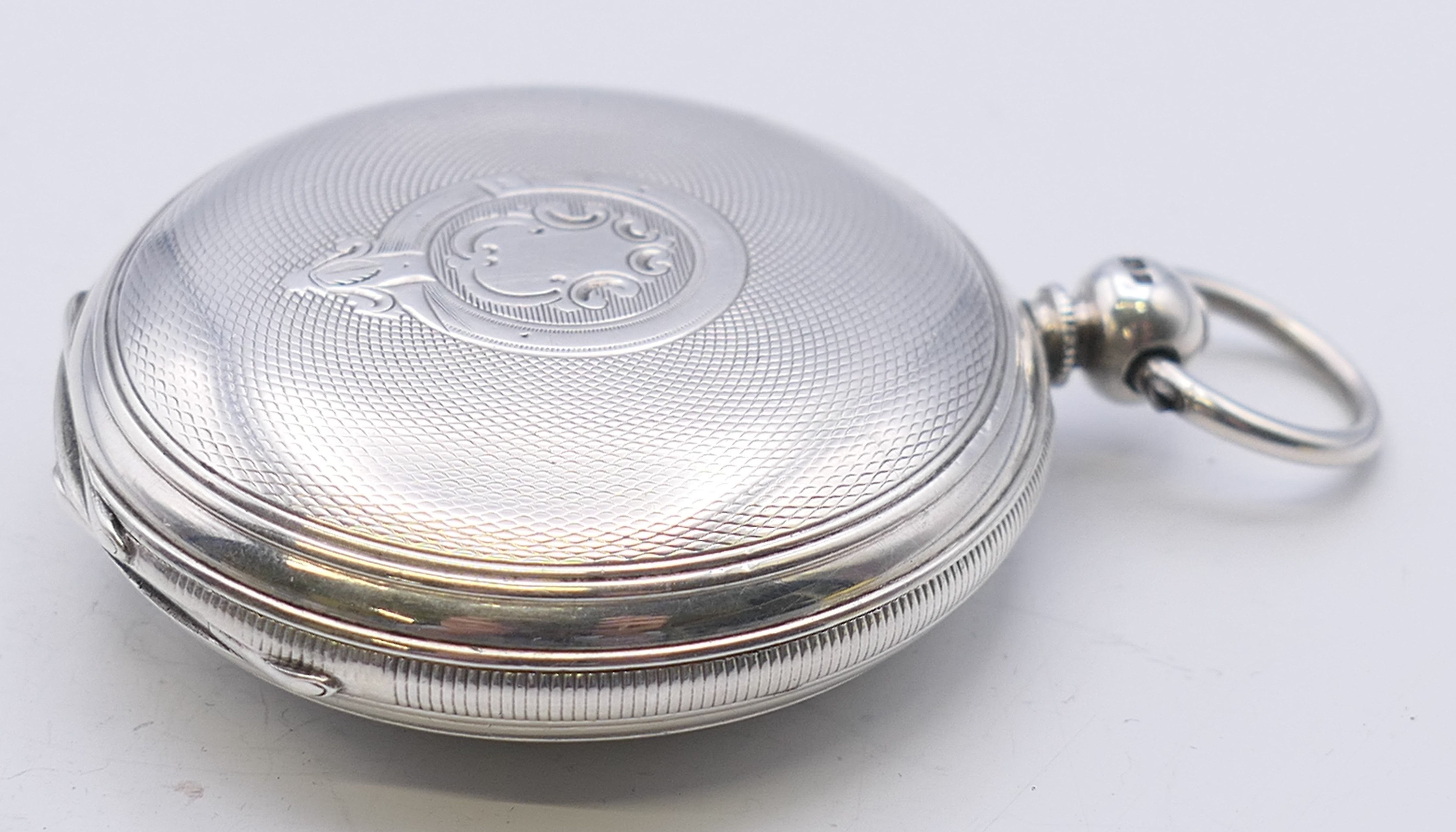 A silver full hunter pocket watch, hallmarked for London 1881. 5 cm diameter. - Image 3 of 9