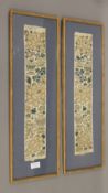 A pair of 19th century Chinese embroidered silk panels, framed and glazed. 20 x 63 cm overall.