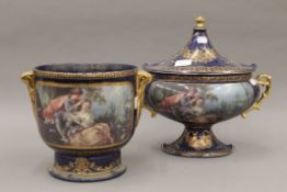 A porcelain lidded tureen and a jardiniere. The latter 22 cm high.