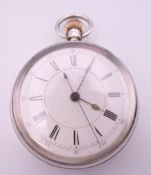 An open faced silver pocket watch, hallmarked Chester 1896. 5 cm diameter.