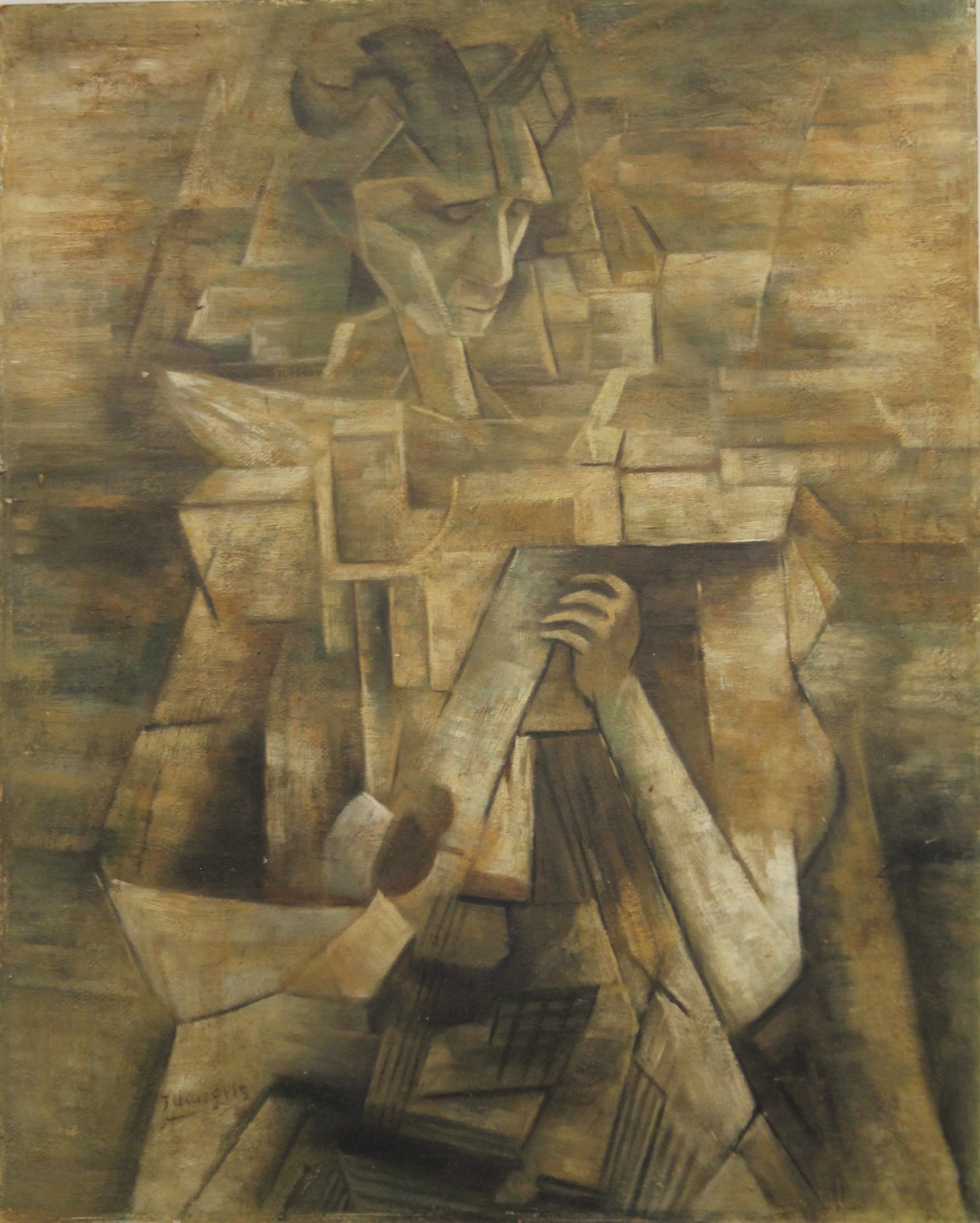 A Cubist painting, oil on paper laid on board, style of Juan Gris, unframed. 40 x 50 cm.