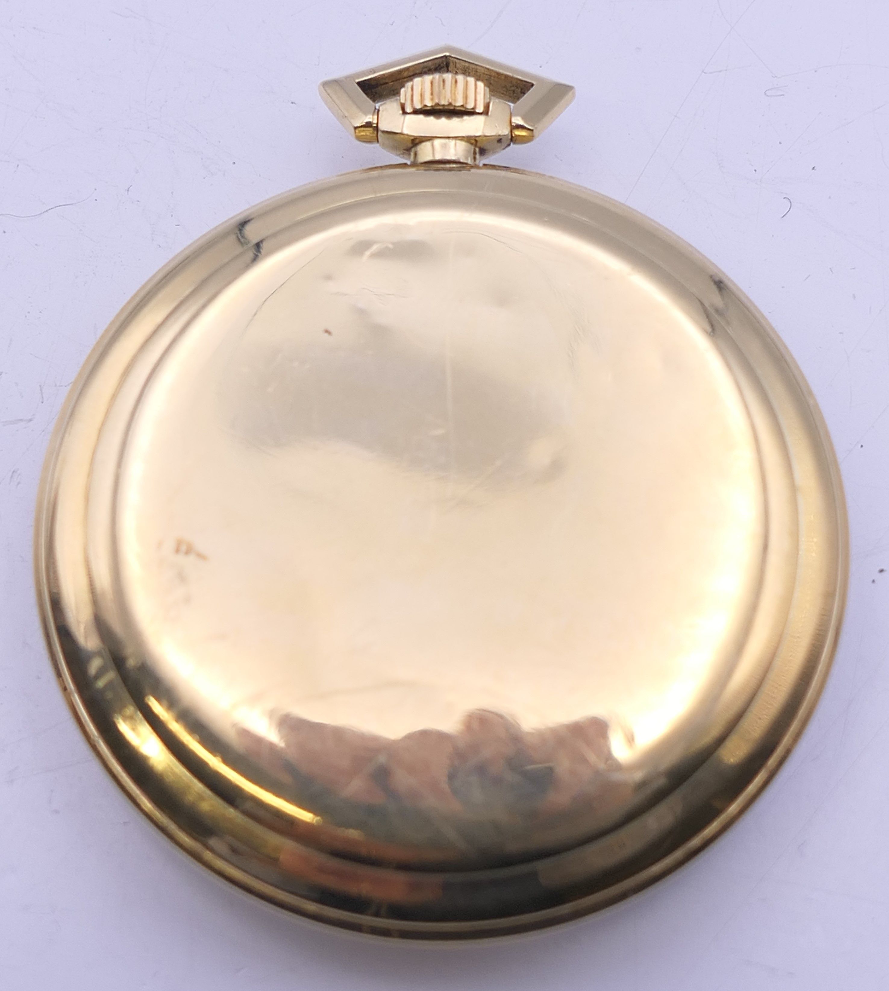 A 14 ct gold Record pocket watch. 4.5 cm diameter. 53.8 grammes total weight. - Image 2 of 5