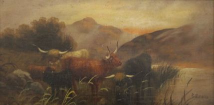 A pair of Victorian Sheep and Highland Cattle Scenes, oils on canvas, each signed R Moulle?,
