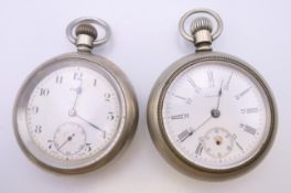 A Waltham plated pocket watch and an Eros pocket watch. The former 5.5 cm diameter.
