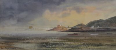 R N BANNING, Gower Coast Scene, watercolour, signed, framed and glazed (39 x 17 cm),