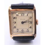 A 9 ct gold Rolex wristwatch, inscribed to back Reuben G Crossley 3.7.25. 2.25 cm wide. 22.