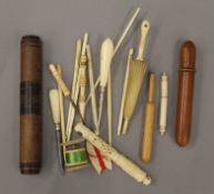 A quantity of various Victorian bone and other sewing implements and cases. The largest 14.