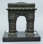 A 19th century bronze model of The Arc de Triomphe mounted black marble plinth base. 19.5 cm high.