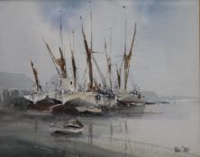 PETER TOMS, Barges at Maldon, watercolour, framed and glazed. 26.5 x 20.5 cm.