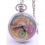 A pocket watch with a Dan Dare face on a chain. 5 cm diameter.