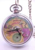 A pocket watch with a Dan Dare face on a chain. 5 cm diameter.