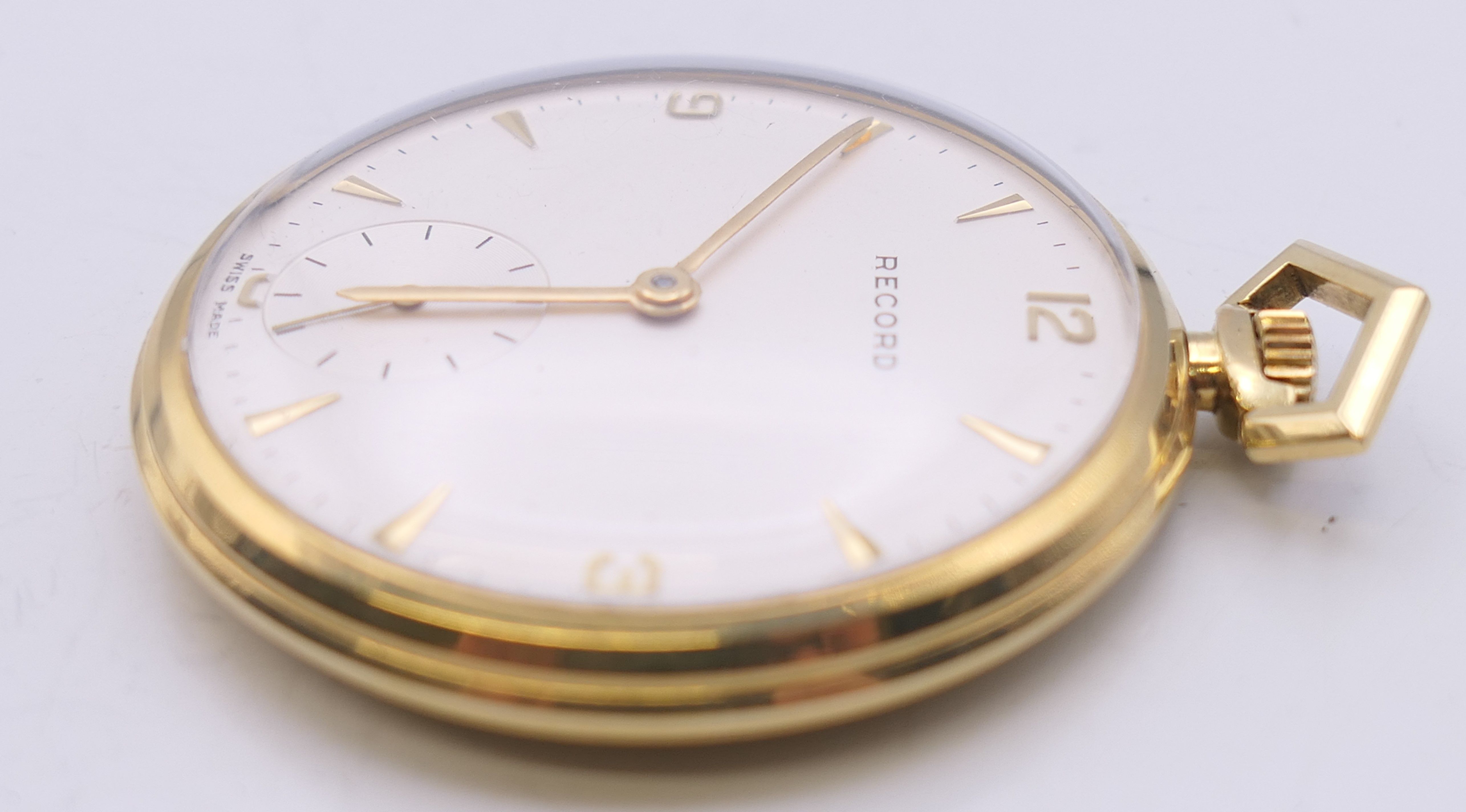 A 14 ct gold Record pocket watch. 4.5 cm diameter. 53.8 grammes total weight. - Image 3 of 5