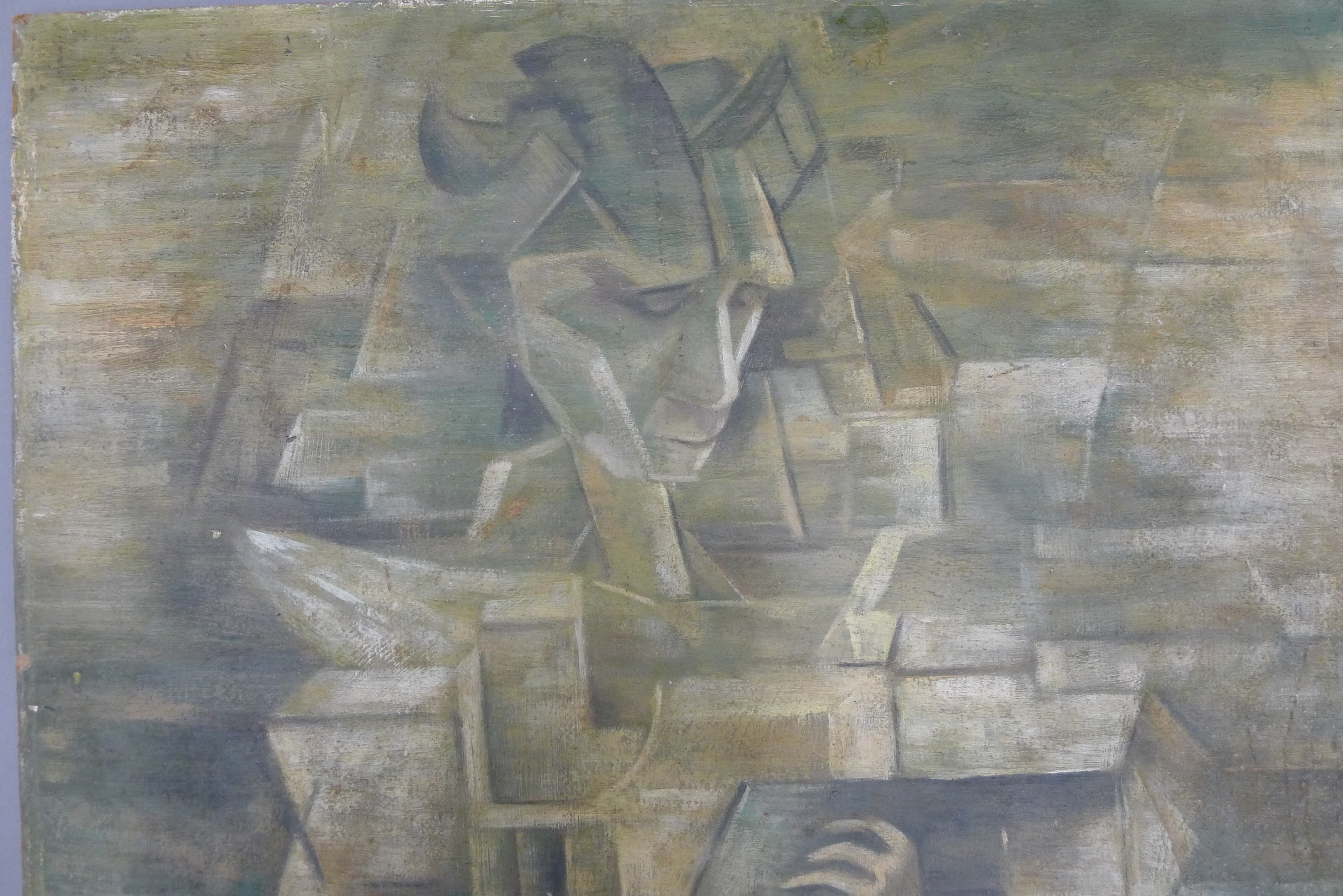 A Cubist painting, oil on paper laid on board, style of Juan Gris, unframed. 40 x 50 cm. - Image 3 of 7