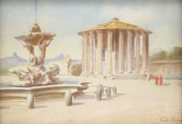 Tempio di Vesta - Rome, watercolour, signed Conti, framed and glazed. 13.5 x 9 cm.