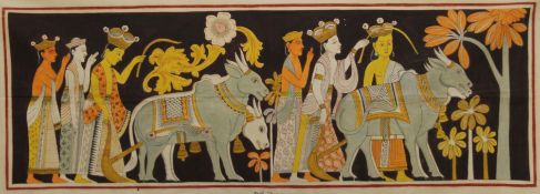 An Indian painting on cloth depicting a procession. Approximately 150 cm long.