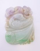 A Chinese green and lavender jade duck pendant, Qing Dynasty. 7 cm high.