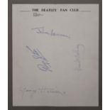 A page of The Beatles' Fan Club headed paper bearing signatures - John Lennon, Paul McCartney,