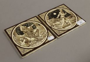 Two Minton tiles by Moyr Smith. 15 cm squared.