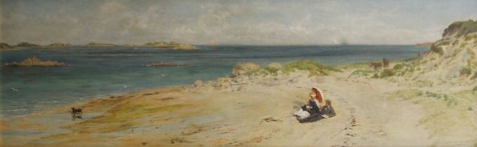 A Victorian Beach Scene, oil on canvas, framed. 90 x 28 cm.