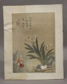A 19th century Chinese watercolour of a Fish and Flowers with calligraphy and red seal mark,