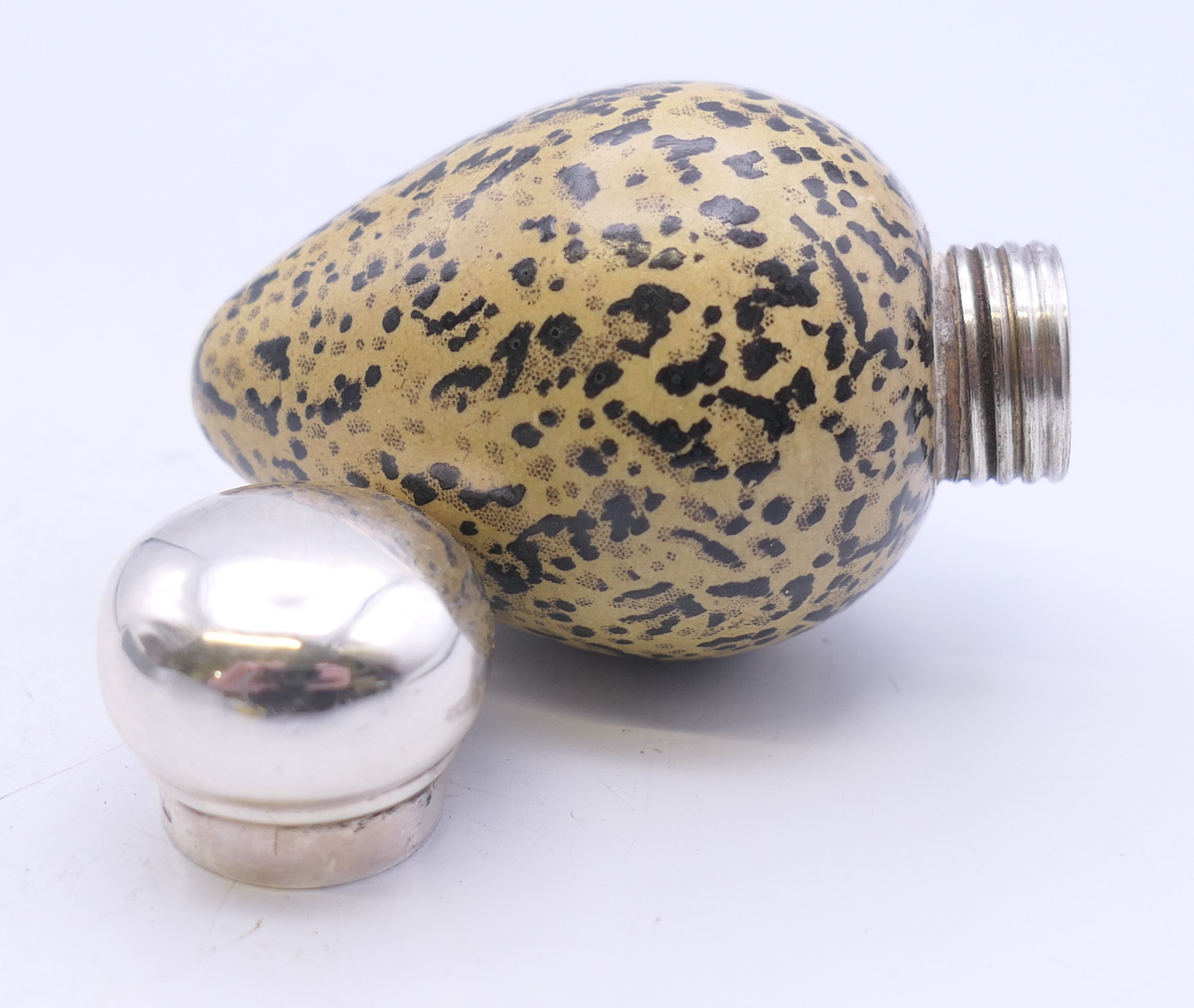 A Victorian silver mounted McIntyre porcelain scent bottle formed as a bird's egg, numbered 20772. - Image 3 of 5