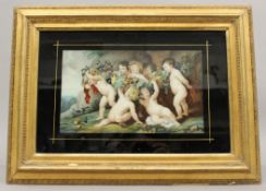 A Victorian reverse glass print of Bacchic Putto, framed. 43 x 31.5 cm overall.