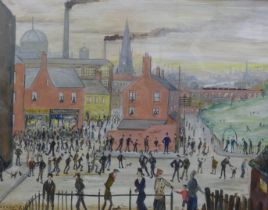 City Scene, oil on board, signed L S Lowry, framed and glazed. 43.5 x 34 cm.