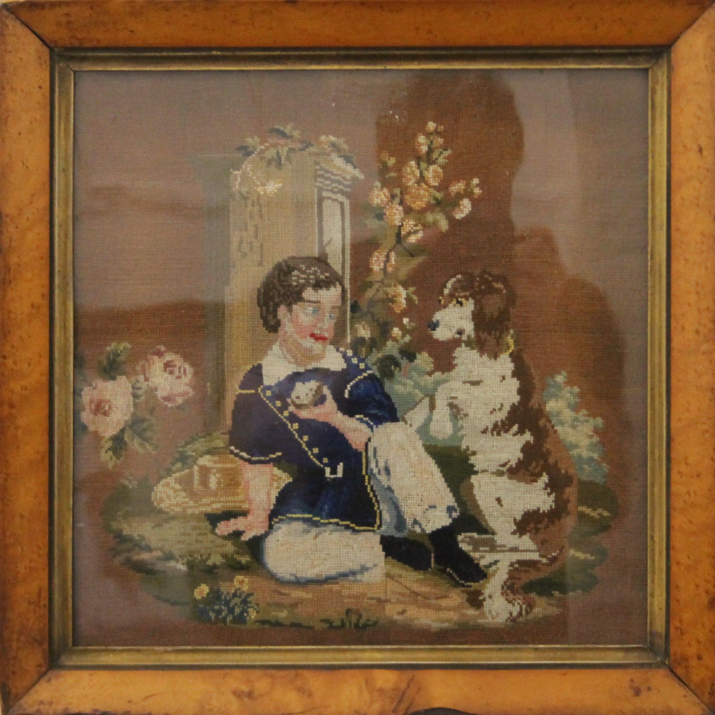 A Victorian tapestry of a boy and dog, housed in a maple frame and glazed. 36.5 x 36.5 cm overall. - Image 2 of 3