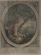 Francois Boucher L'Arrivee du Courier, coloured etching, framed and glazed. 29 x 38 cm.