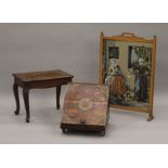 A tapestry inset fire screen, a coal box and a stool. The former 80.5 cm high.