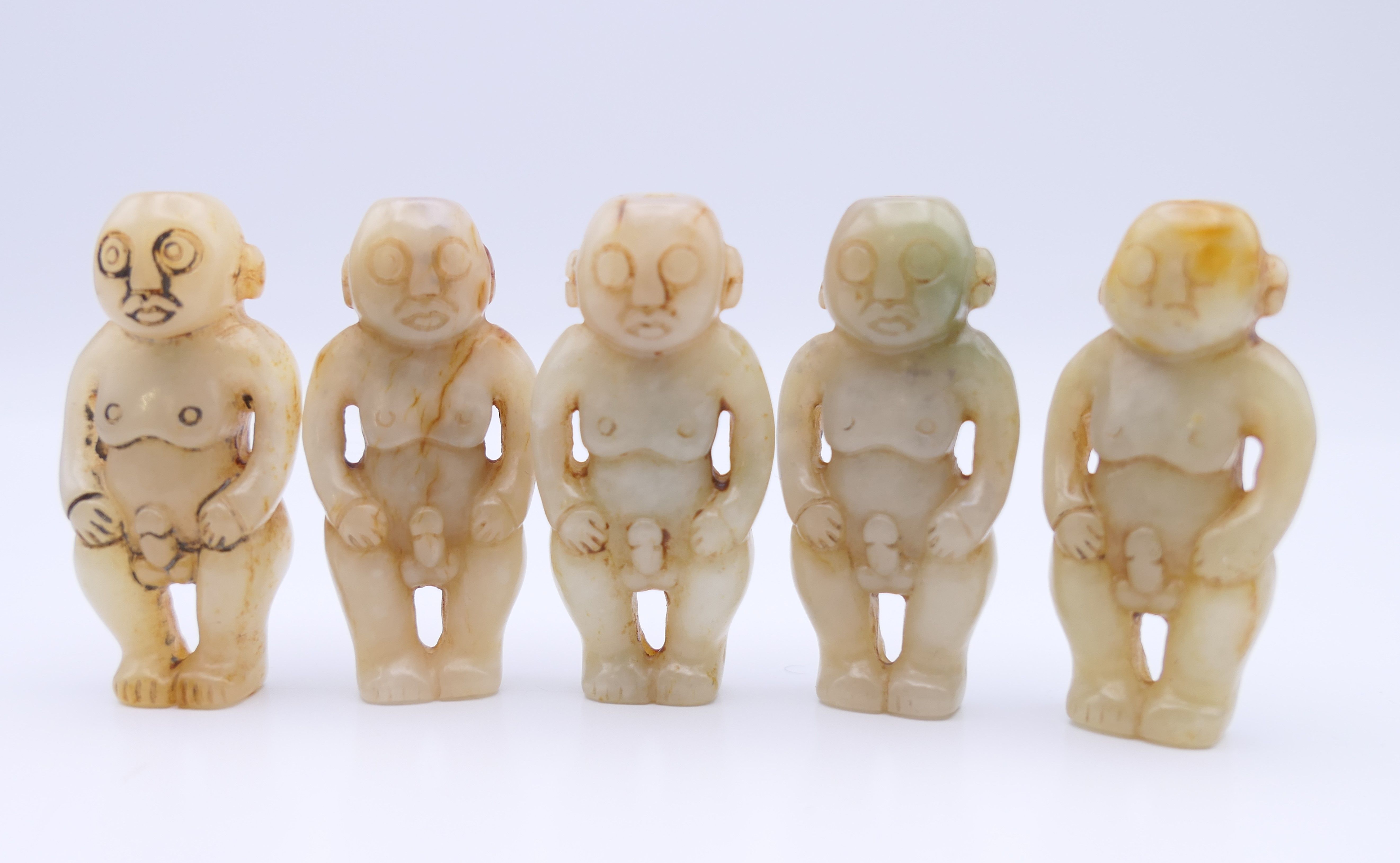 Nine Chinese fertility beads (seven male and two female), Han Dynasty. Each approximately 4 cm high. - Image 2 of 17