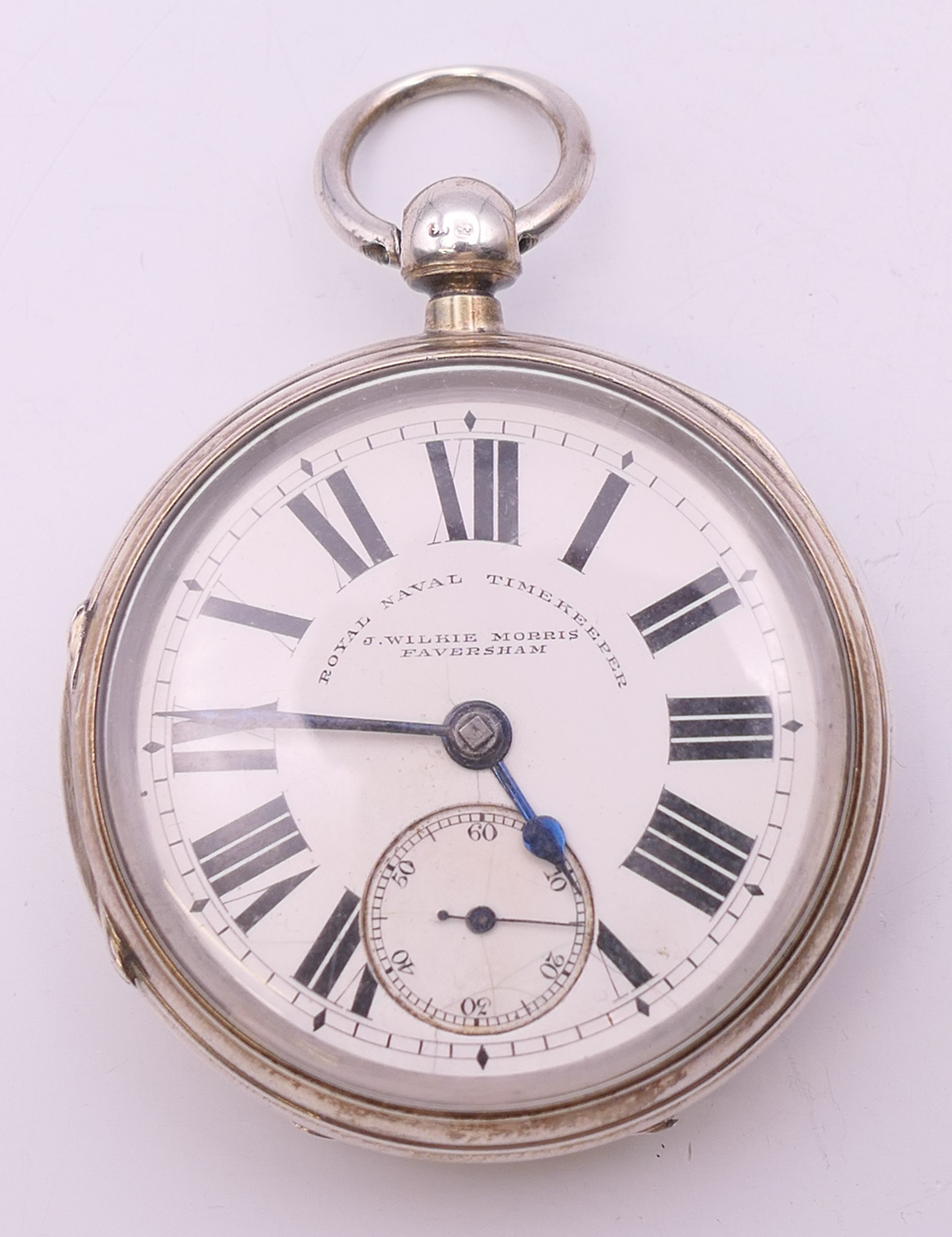 A J Wilkie Morris of Faversham Royal Naval Timekeeper silver pocket watch, hallmarked Chester 1893.