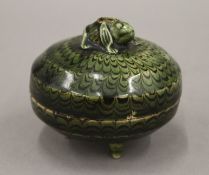 A Chinese green peacock feather lidded incense burner, with the lid decorated with a frog,
