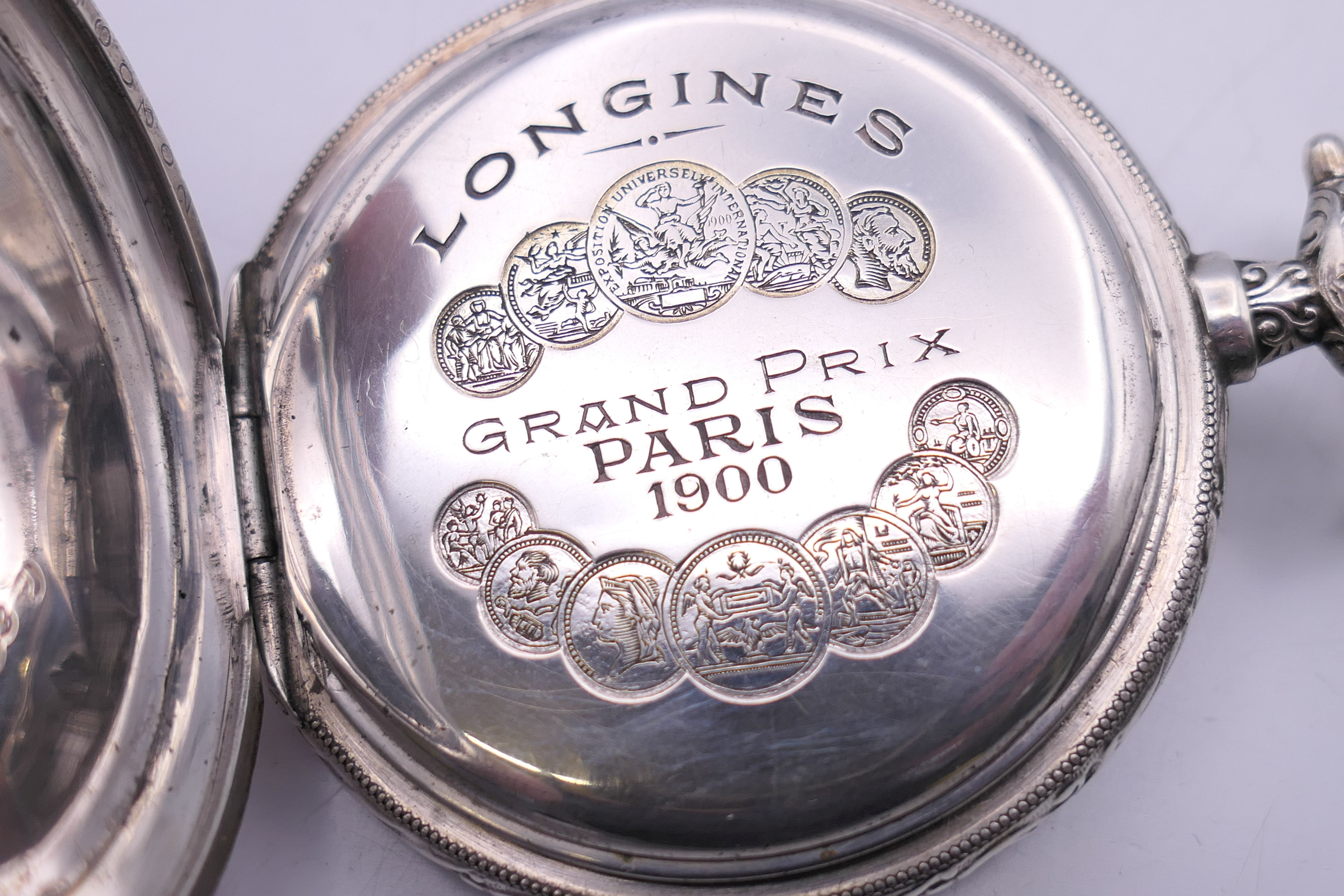 A Swiss Longines Grand Prix Paris 1900 800 silver full hunter pocket watch, serial number 2030641. - Image 6 of 9