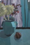 KATE ZHAO, Still Life in Teal, oil on paper, signed and dated 2018, framed and glazed. 39 x 56.5 cm.