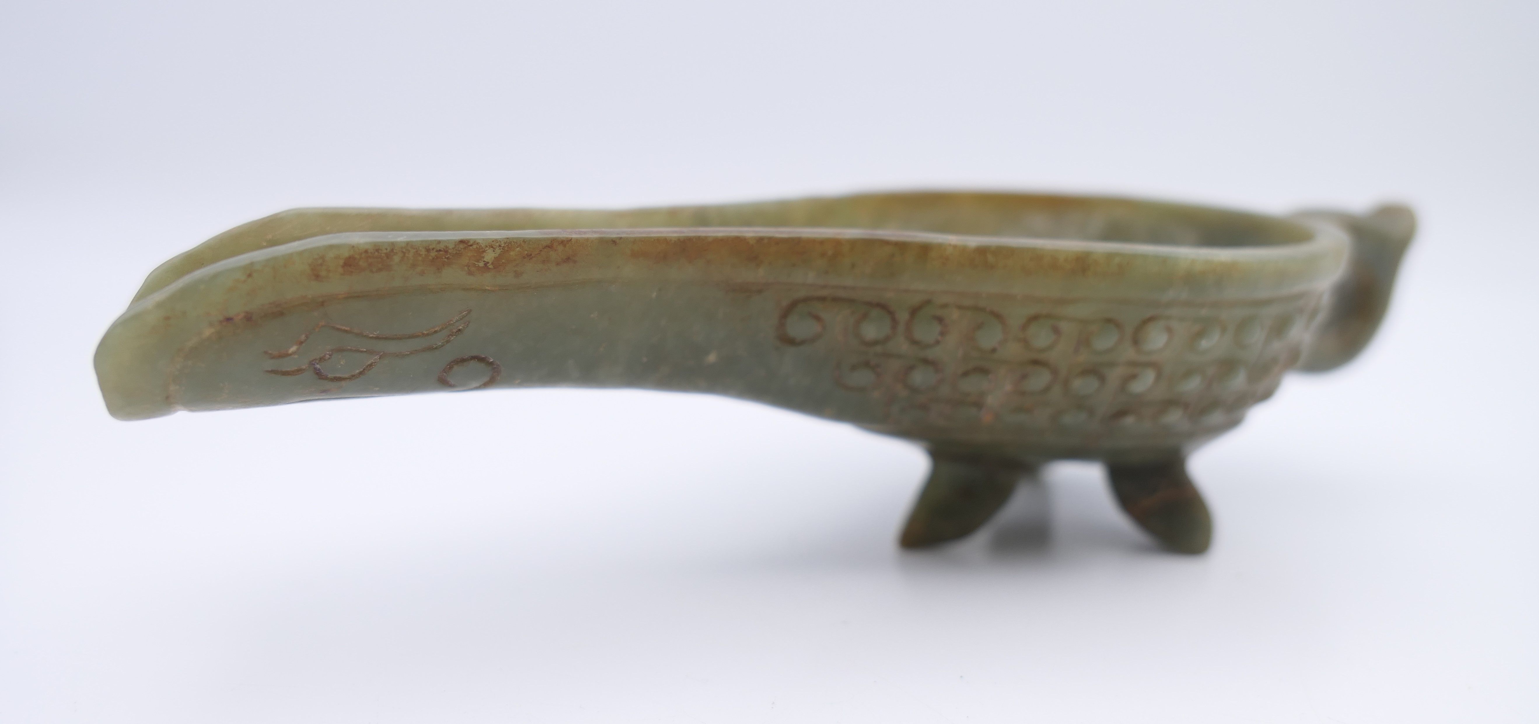 A Chinese green jade ceremonial wine cup, Eastern Han. 14 cm long. - Image 3 of 12