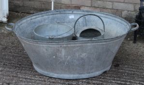 A galvanised wash tub, a bucket and a watering can. The wash tub 101 cm long.