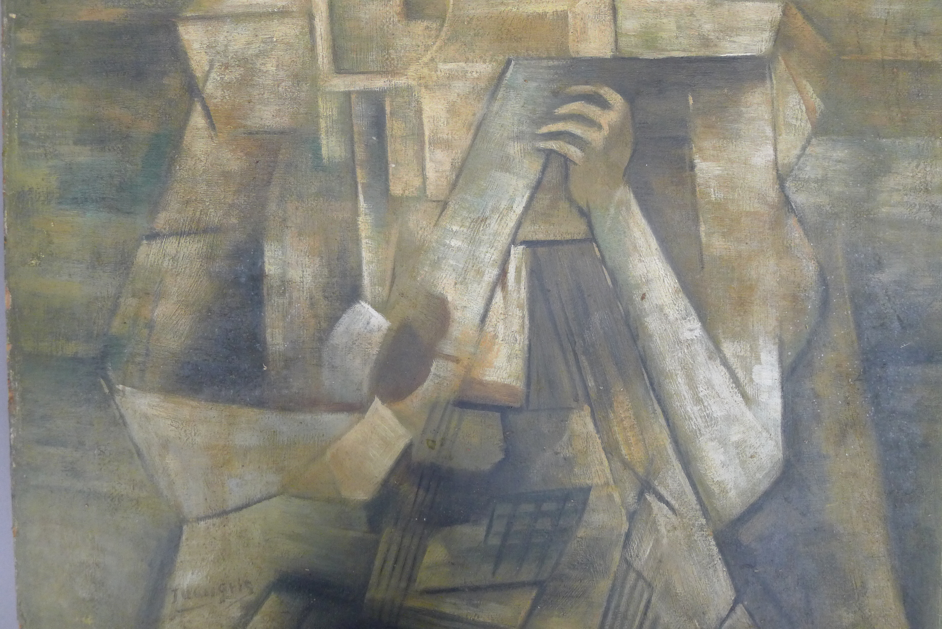 A Cubist painting, oil on paper laid on board, style of Juan Gris, unframed. 40 x 50 cm. - Image 4 of 7