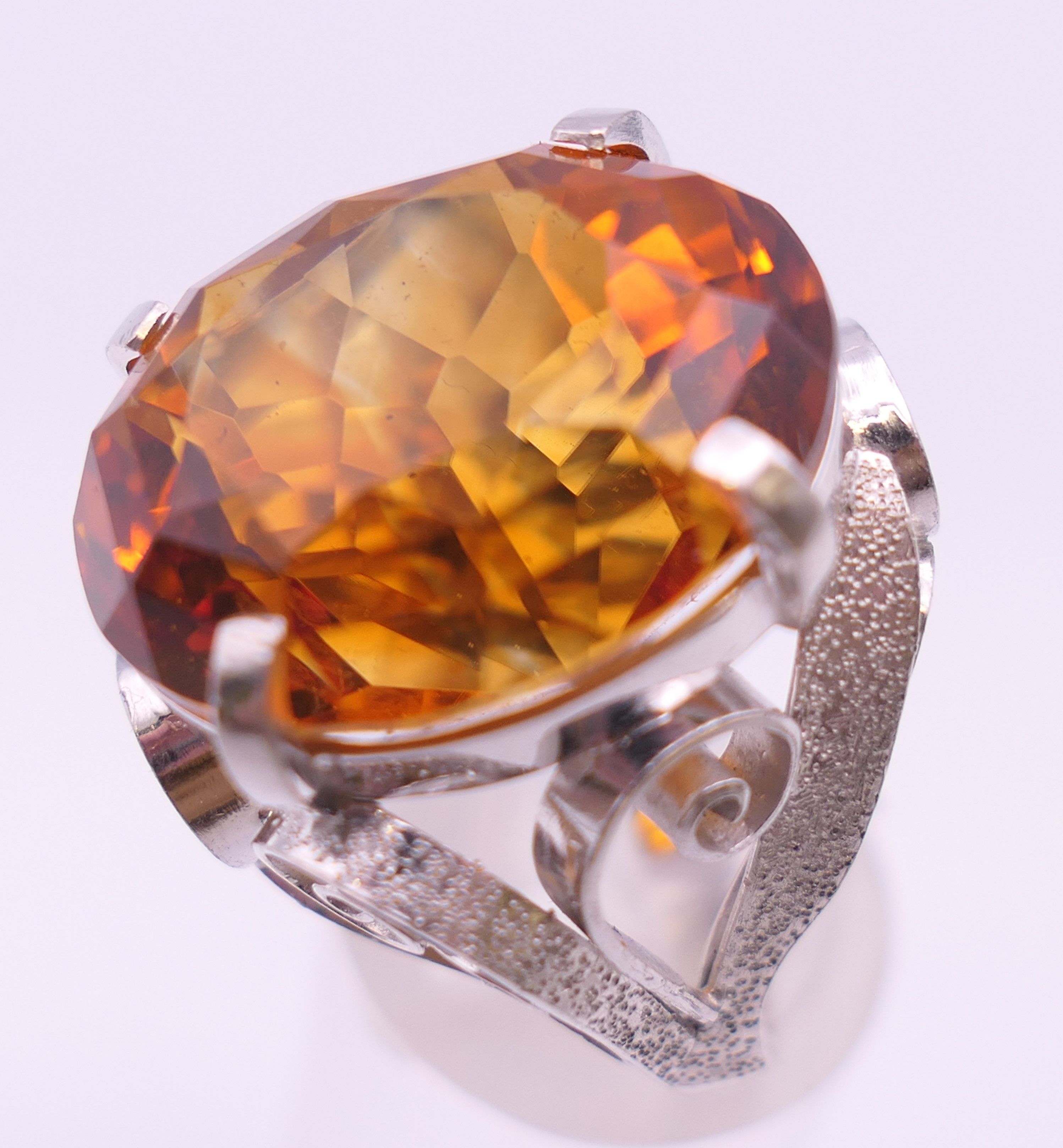 A platinum Madeira citrine ring. Citrine 2.5 cm x 1.5 cm. Ring size N/O. 20.8 grammes total weight. - Image 6 of 8