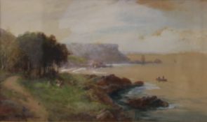 A 19th century watercolour, Coastal Scene, indistinctly signed, framed and glazed. 39 x 23 cm.