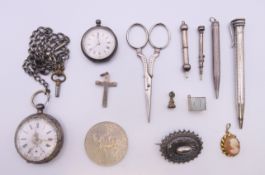 A quantity of miscellaneous items, including fob watches, a brooch, propelling pencils, etc.