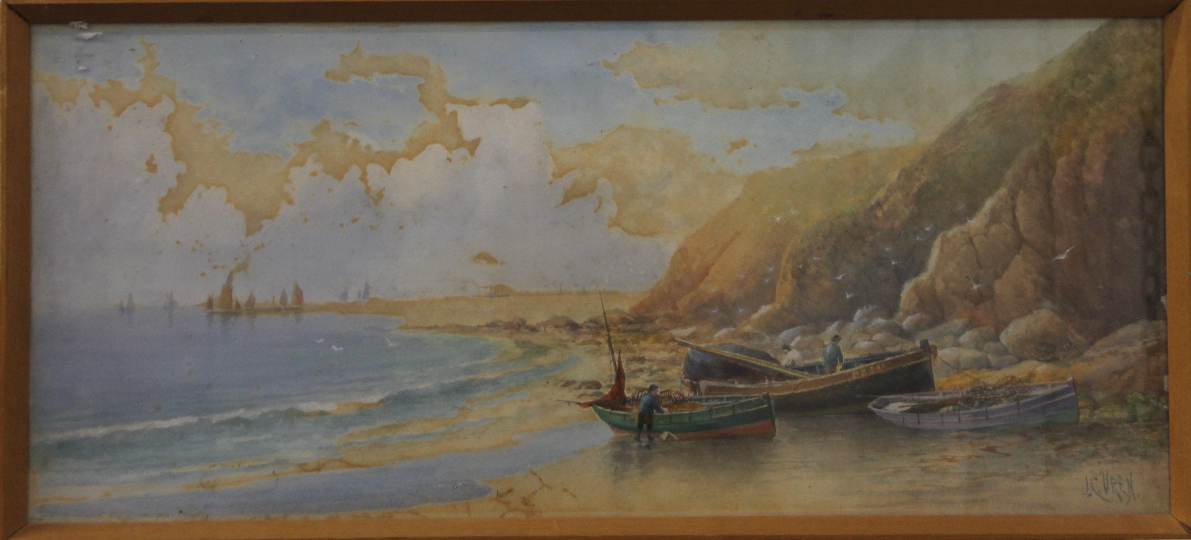 Beach Scene, watercolour, signed J C Uren, framed. 52.5 x 23 cm. - Image 2 of 3
