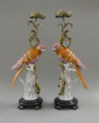 A pair of gilt metal mounted porcelain stands formed as parrots. 55 cm high.