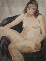 Nude Woman, oil on board, the reverse with Girl in a Bikini, framed. 49.5 x 65 cm.