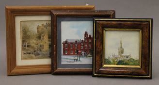 Three miniature paintings, framed and glazed. The largest 21 x 16 cm overall.
