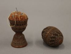 A 19th century carved coquilla nut egg form box and a pin cushion. The latter 7 cm high.