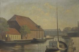 A large oil on canvas, Canal Scene, indistinctly signed, framed. 95 x 64 cm.