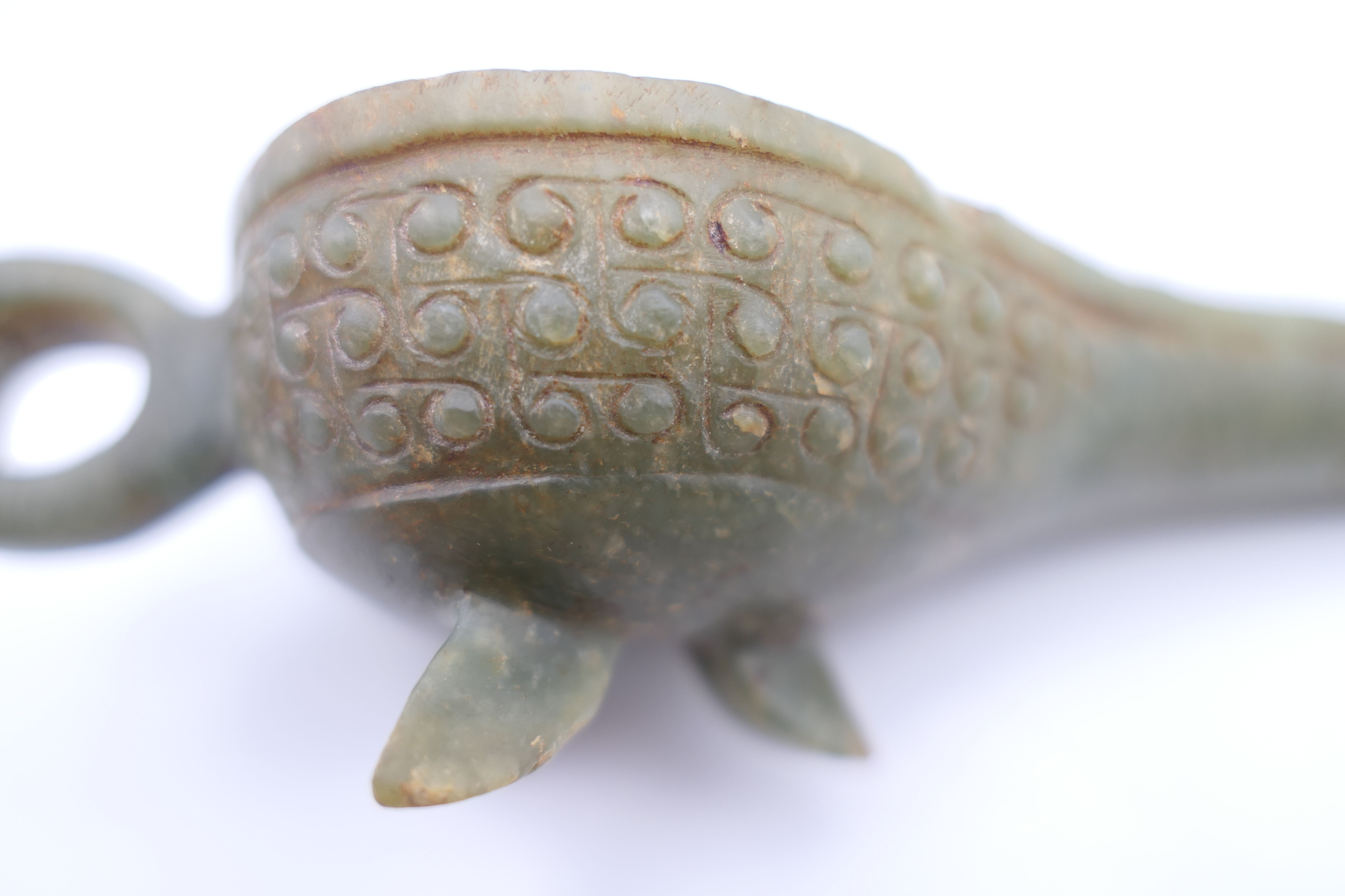 A Chinese green jade ceremonial wine cup, Eastern Han. 14 cm long. - Image 10 of 12